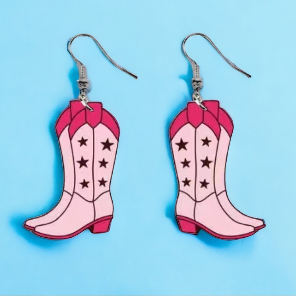 Retro Cowgirl Wooden Pink Stars Boots Earrings